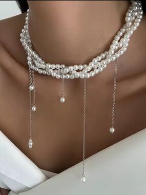 White Pearl Multi-Strand Choker with Dangle Chains